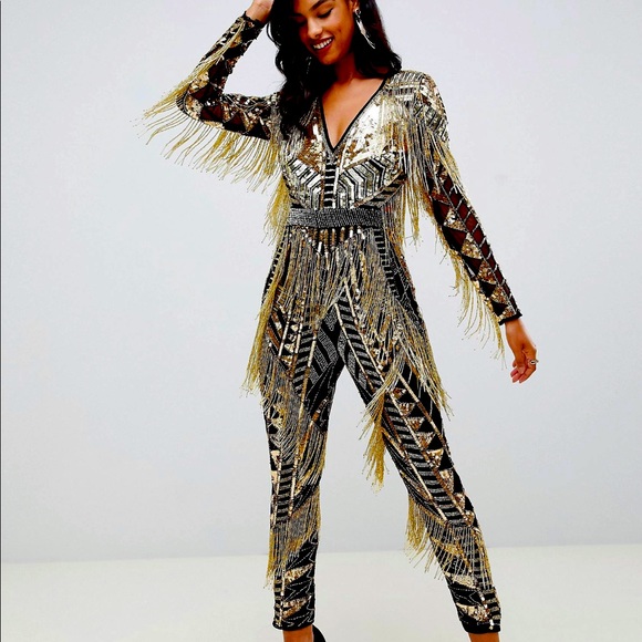 ASOS Pants - ASOS edition sequin and fringe cut out jumpsuit in black and gold size 6 NWT